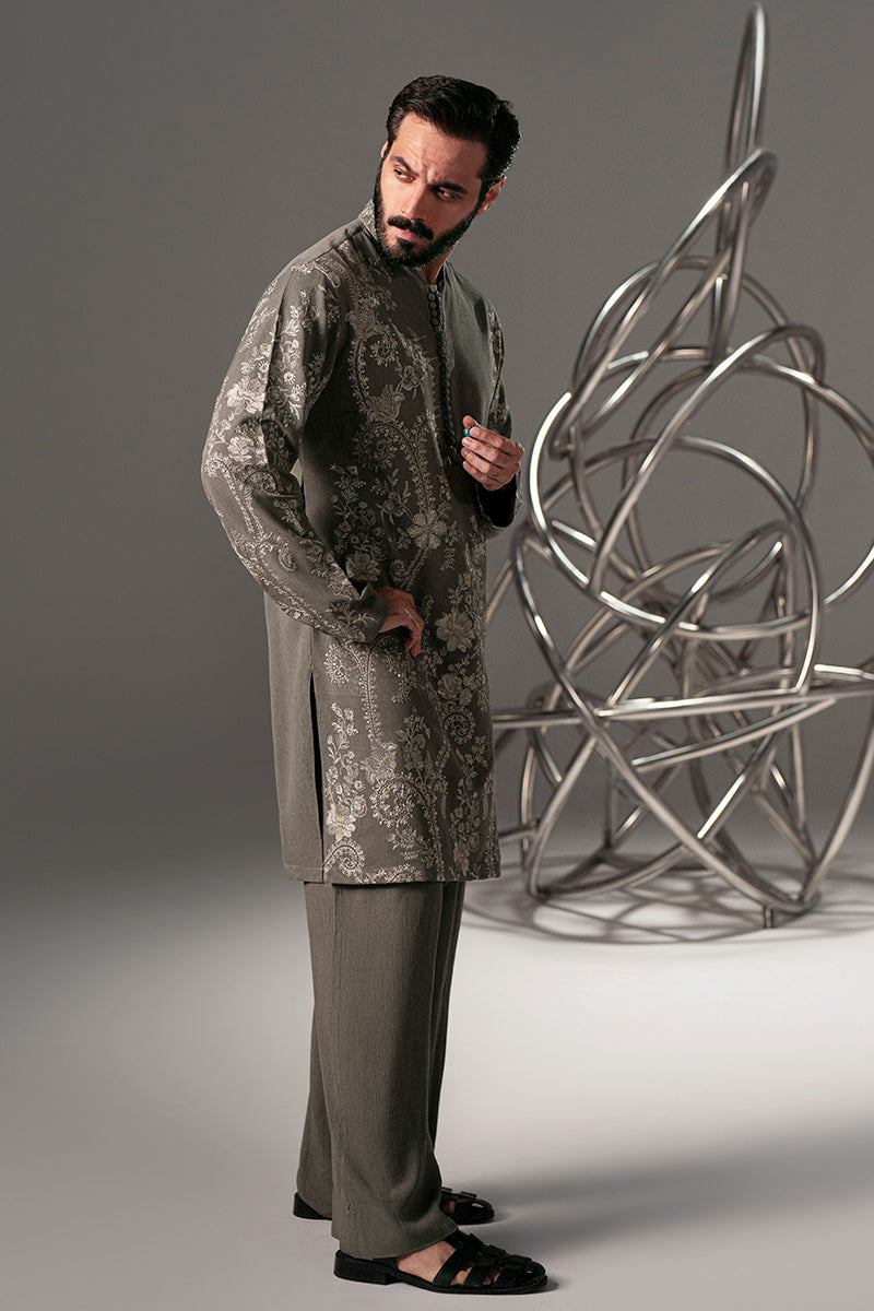 Smoke Grey Embroidered Tropical Crushed Kurta Pajama (2-Piece) - Image 6