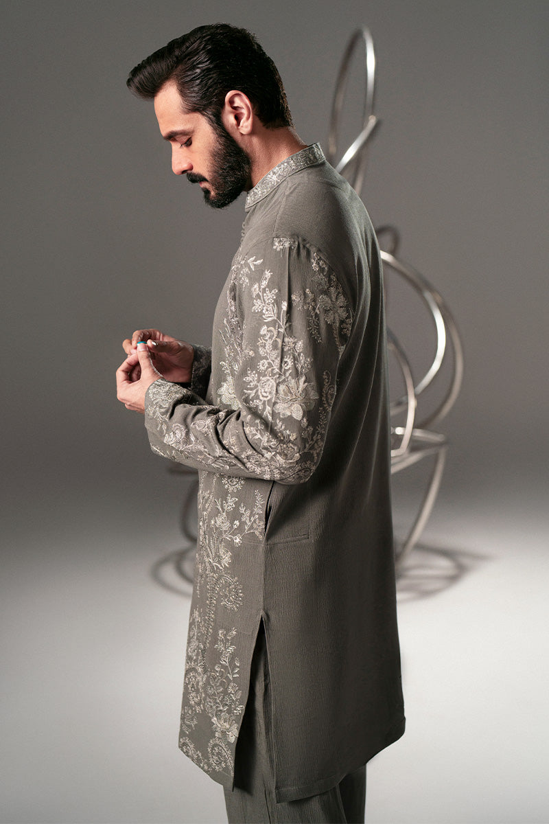Smoke Grey Embroidered Tropical Crushed Kurta Pajama (2-Piece) - Image 7