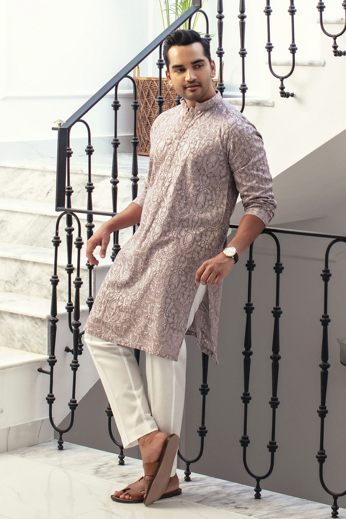Grey Embroidered Raw Silk Kurta (2-Piece) - Image 1