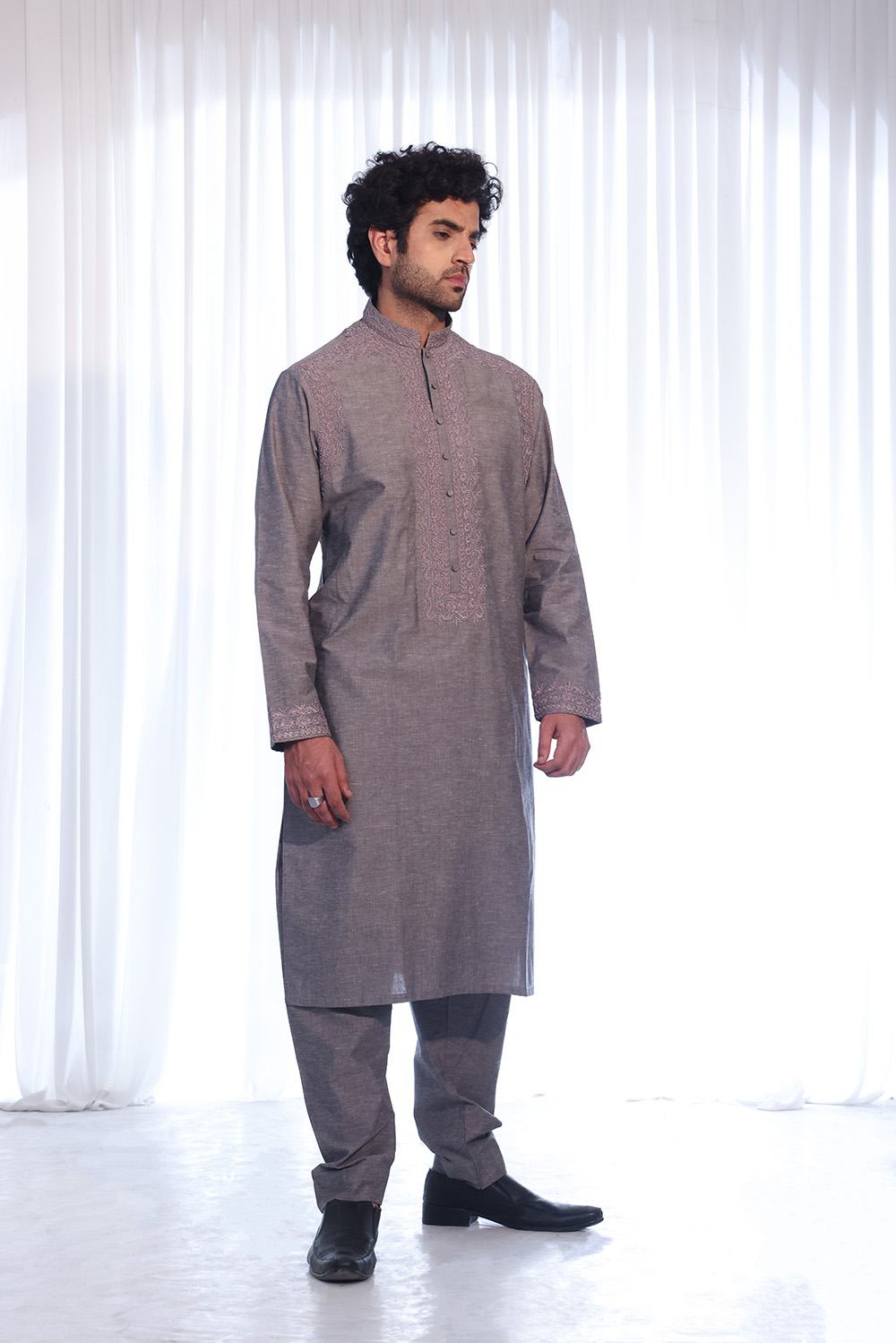 Dove Grey Embroidered Textured Cotton Blend Kurta (2-Piece) - Image 1