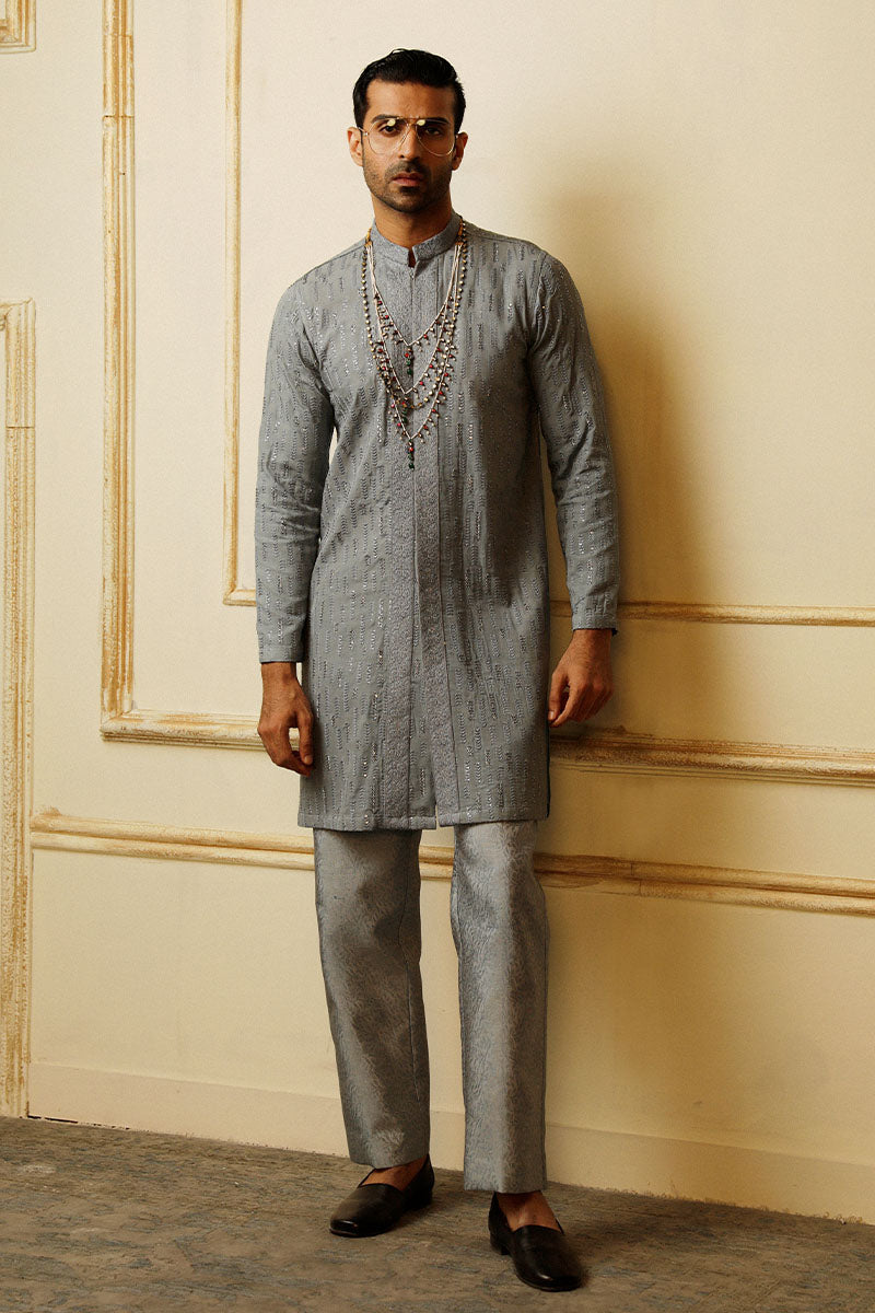 Dark Slate Grey Embroidered Tropical Kurta Pajama (2-Piece) - Image 2