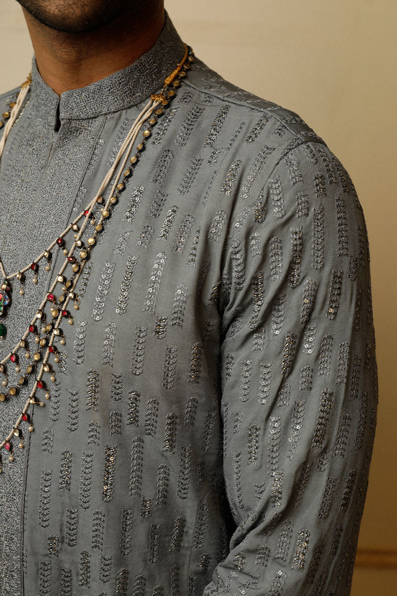 Dark Slate Grey Embroidered Tropical Kurta Pajama (2-Piece) - Image 3