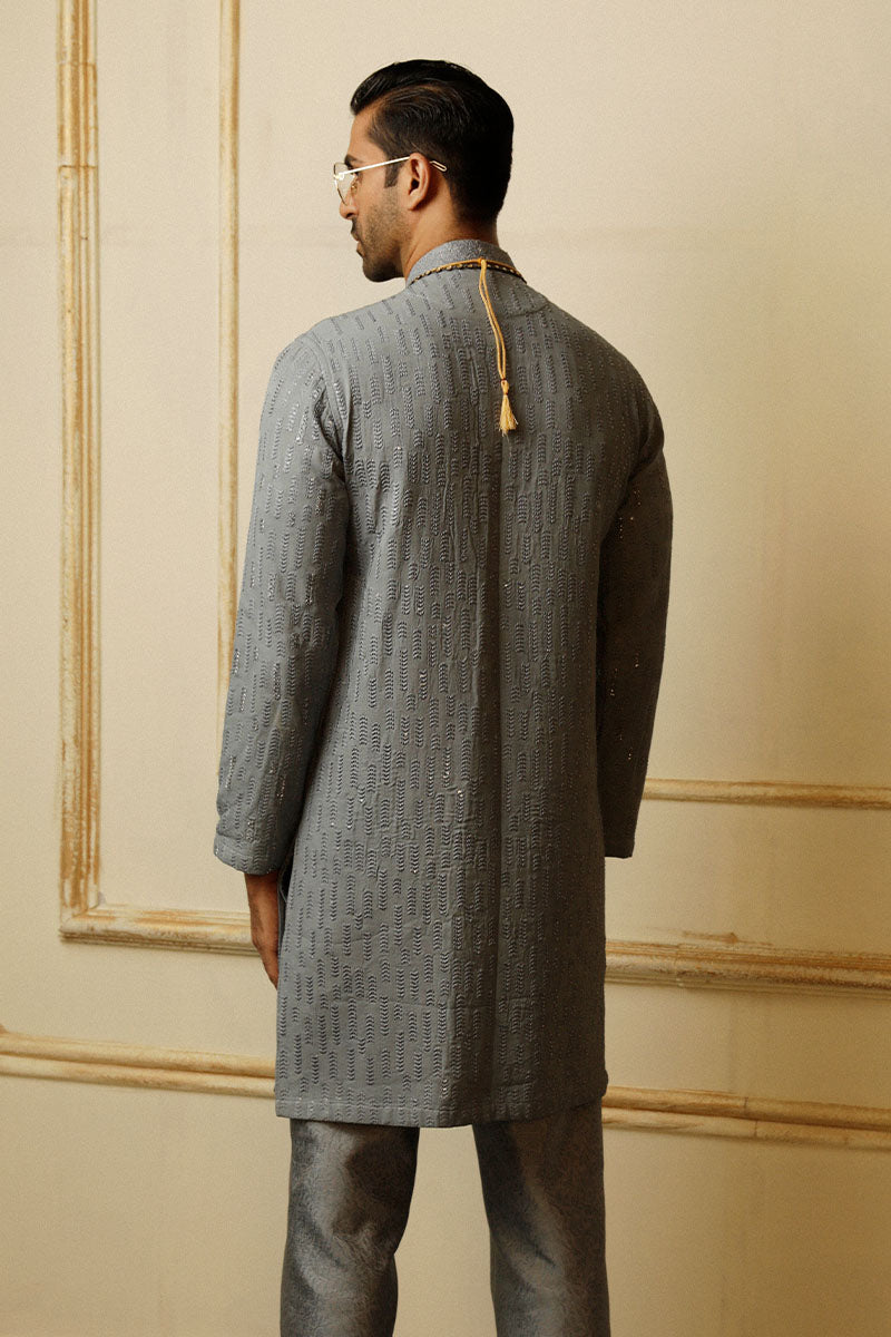 Dark Slate Grey Embroidered Tropical Kurta Pajama (2-Piece) - Image 4