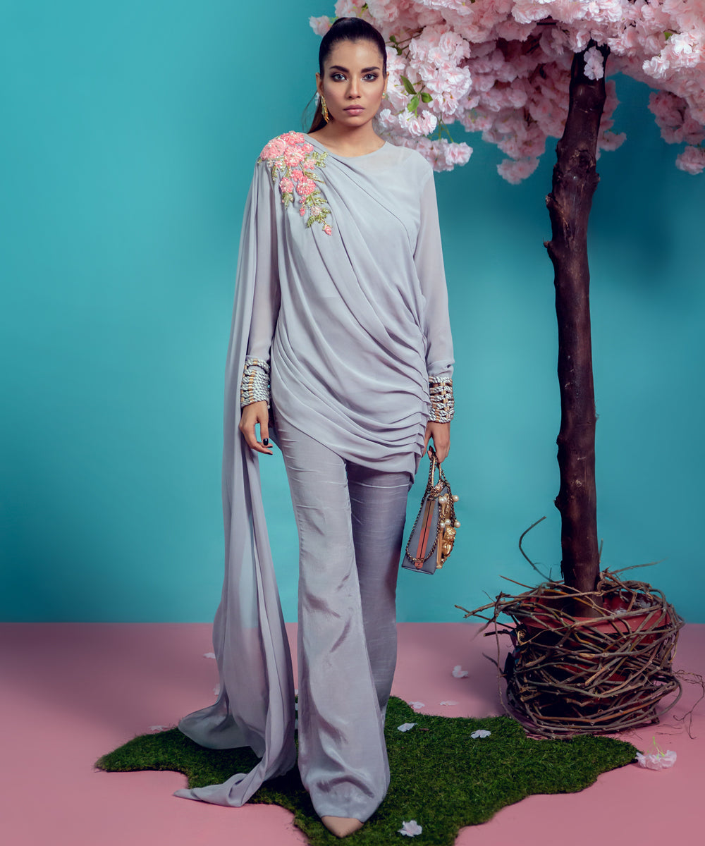 Soft Grey Embroidered Georgette-Crepe Draped Ensemble (2-Piece) - Image 1