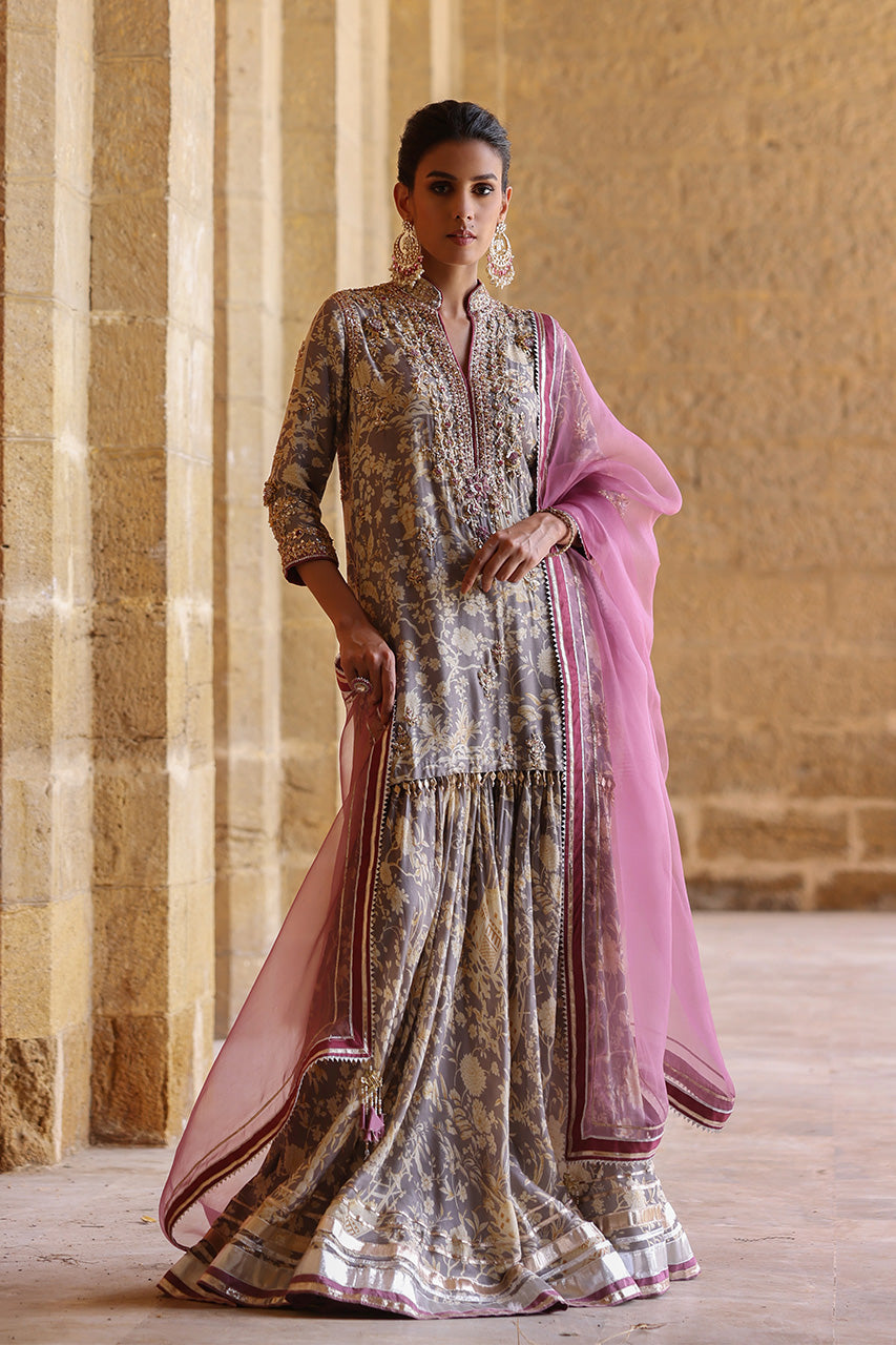 Mauve Grey Zardozi Khaddi Silk Gharara (3-Piece) - Image 1