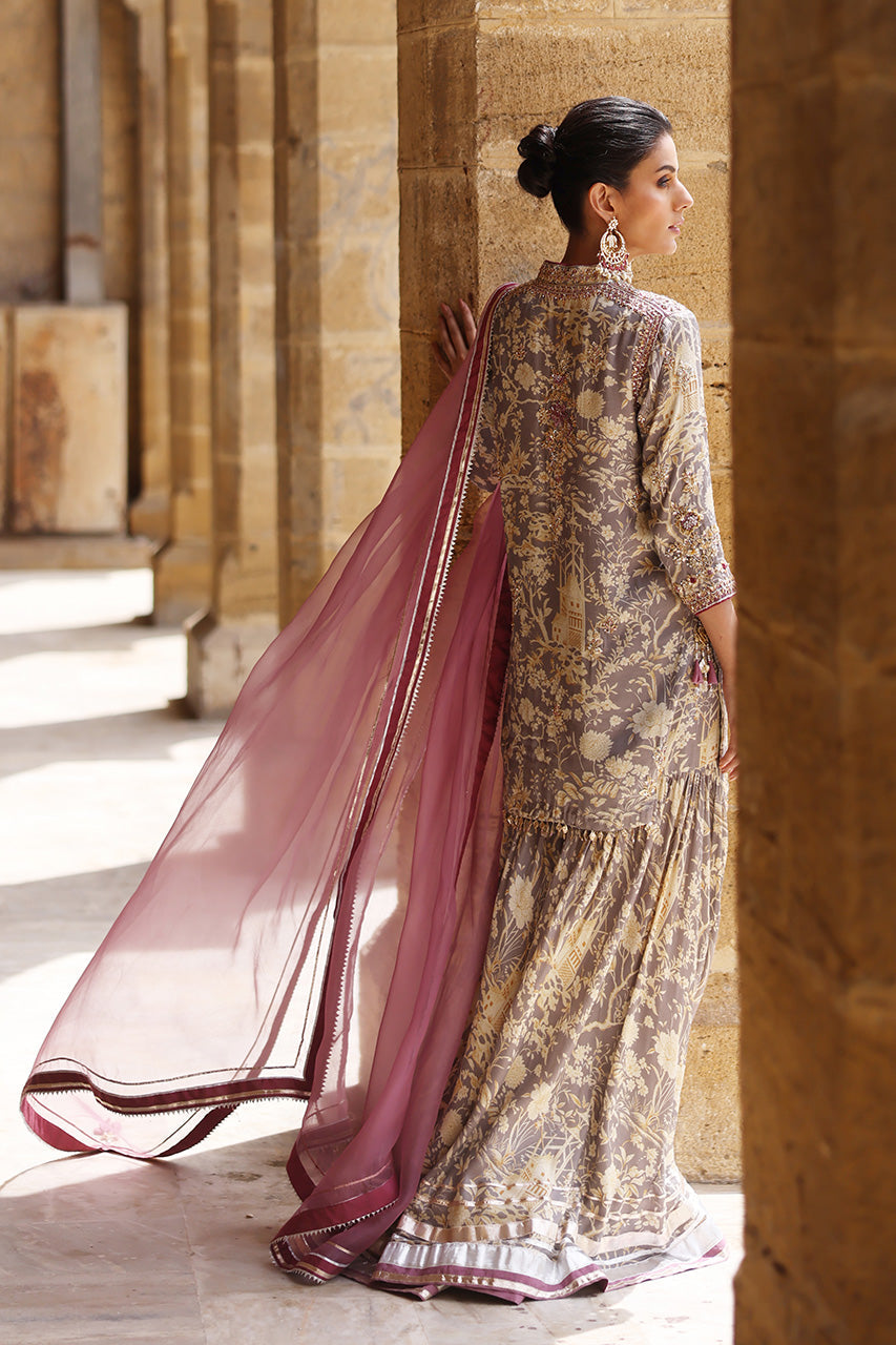 Mauve Grey Zardozi Khaddi Silk Gharara (3-Piece) - Image 2