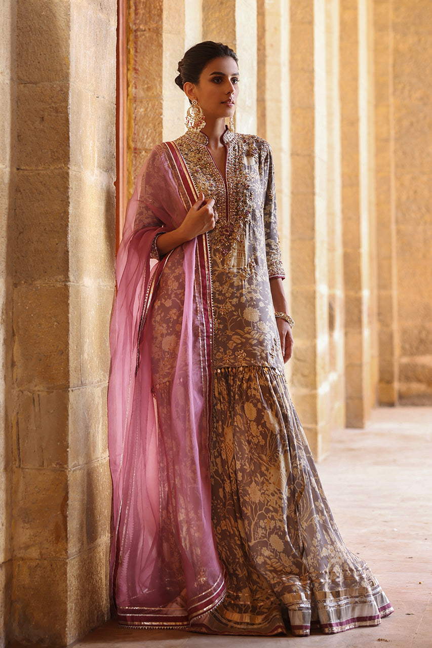 Mauve Grey Zardozi Khaddi Silk Gharara (3-Piece) - Image 3