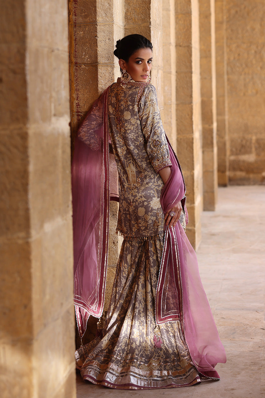 Mauve Grey Zardozi Khaddi Silk Gharara (3-Piece) - Image 6
