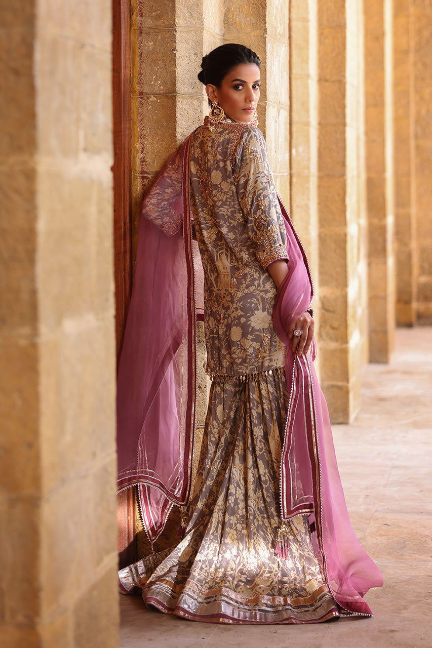 Mauve Grey Zardozi Khaddi Silk Gharara (3-Piece) - Image 7