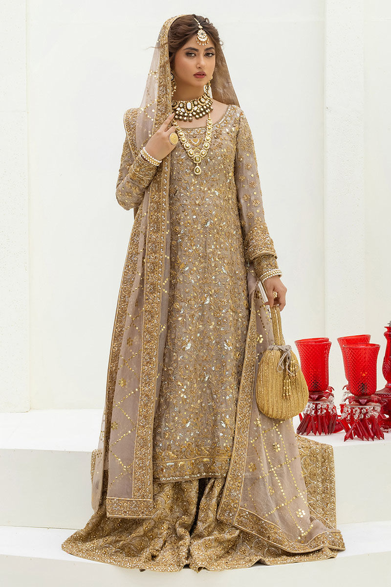Ash Grey Dabka & Kamdani Net Bridal Gharara (3-Piece) - Image 1