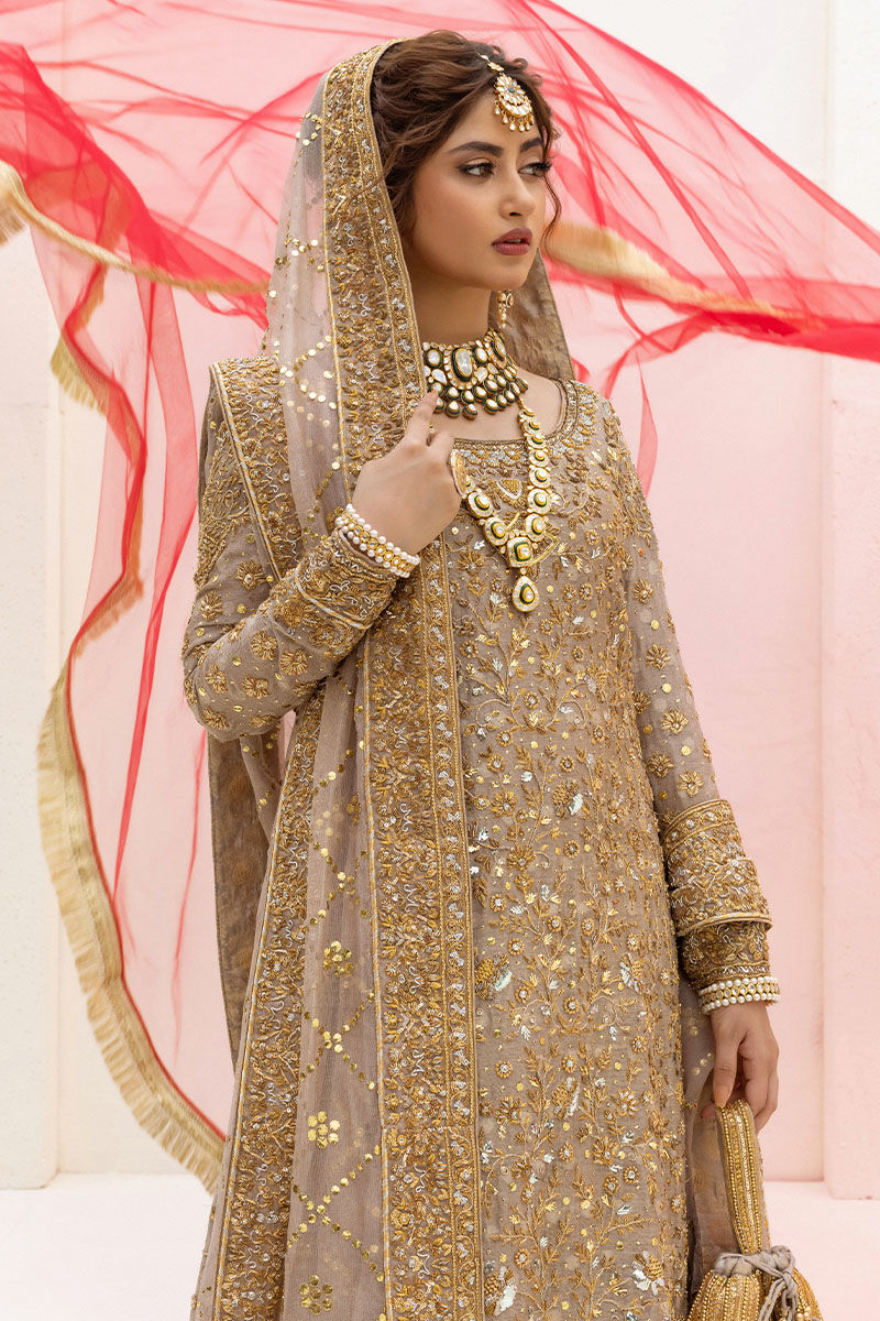 Ash Grey Dabka & Kamdani Net Bridal Gharara (3-Piece) - Image 2