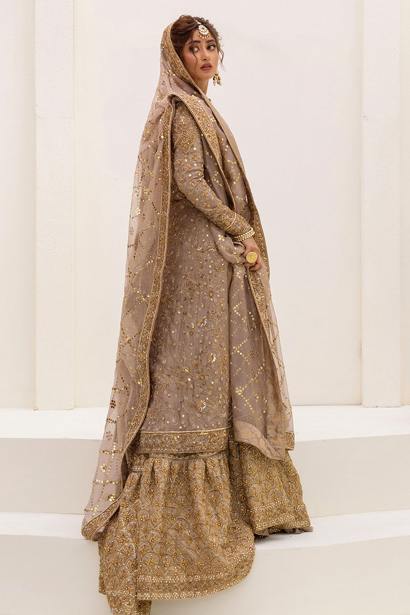 Ash Grey Dabka & Kamdani Net Bridal Gharara (3-Piece) - Image 3