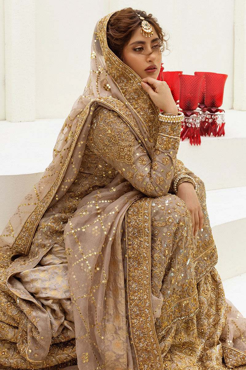 Ash Grey Dabka & Kamdani Net Bridal Gharara (3-Piece) - Image 4