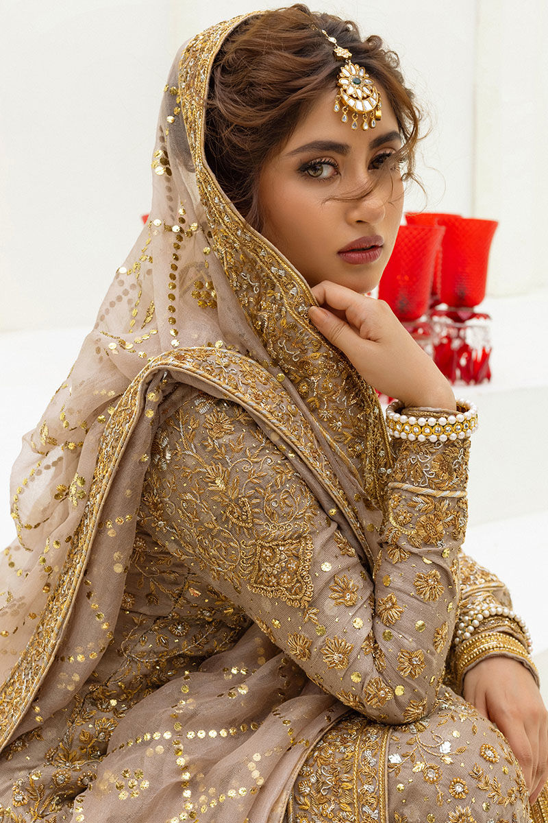 Ash Grey Dabka & Kamdani Net Bridal Gharara (3-Piece) - Image 5