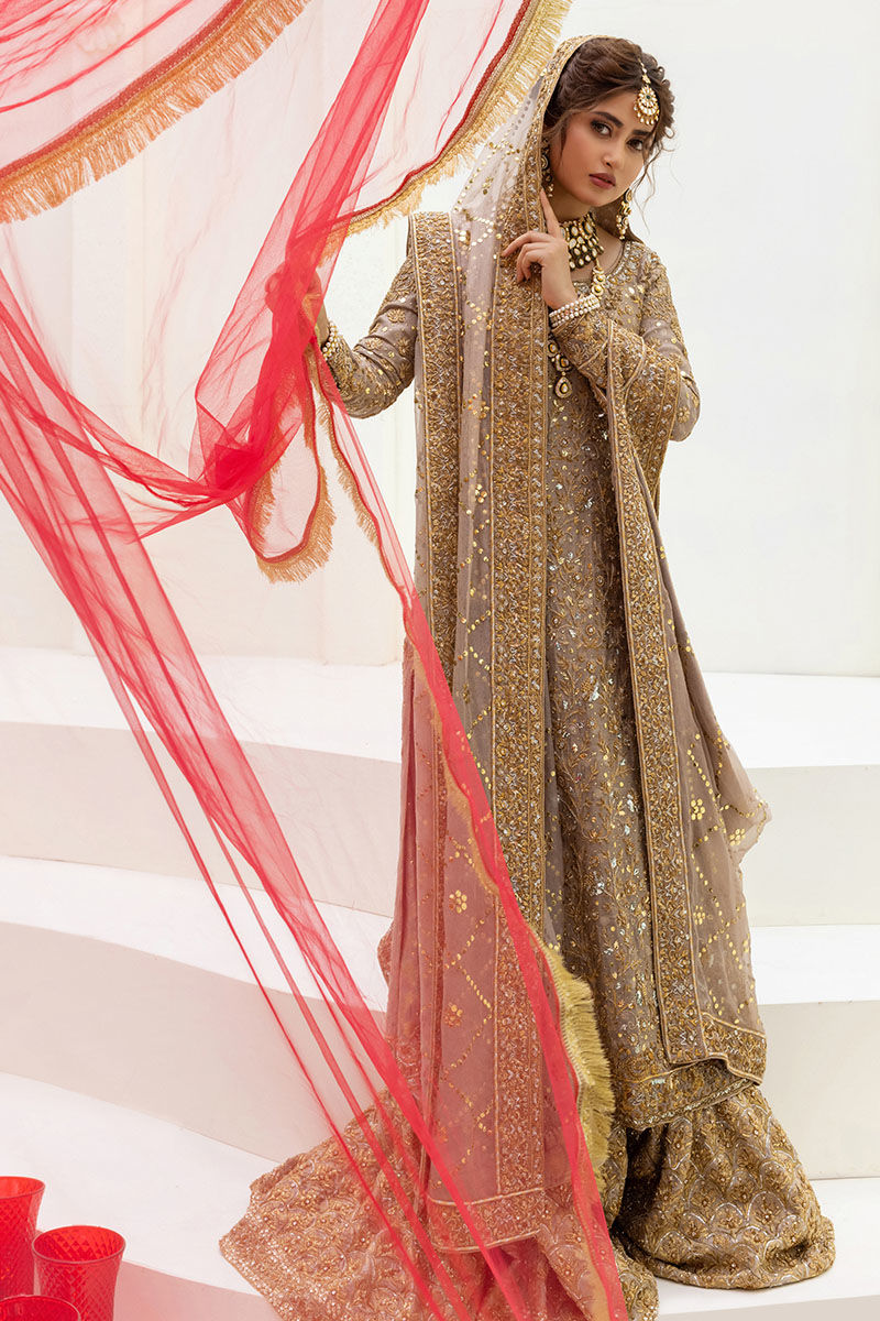 Ash Grey Dabka & Kamdani Net Bridal Gharara (3-Piece) - Image 6