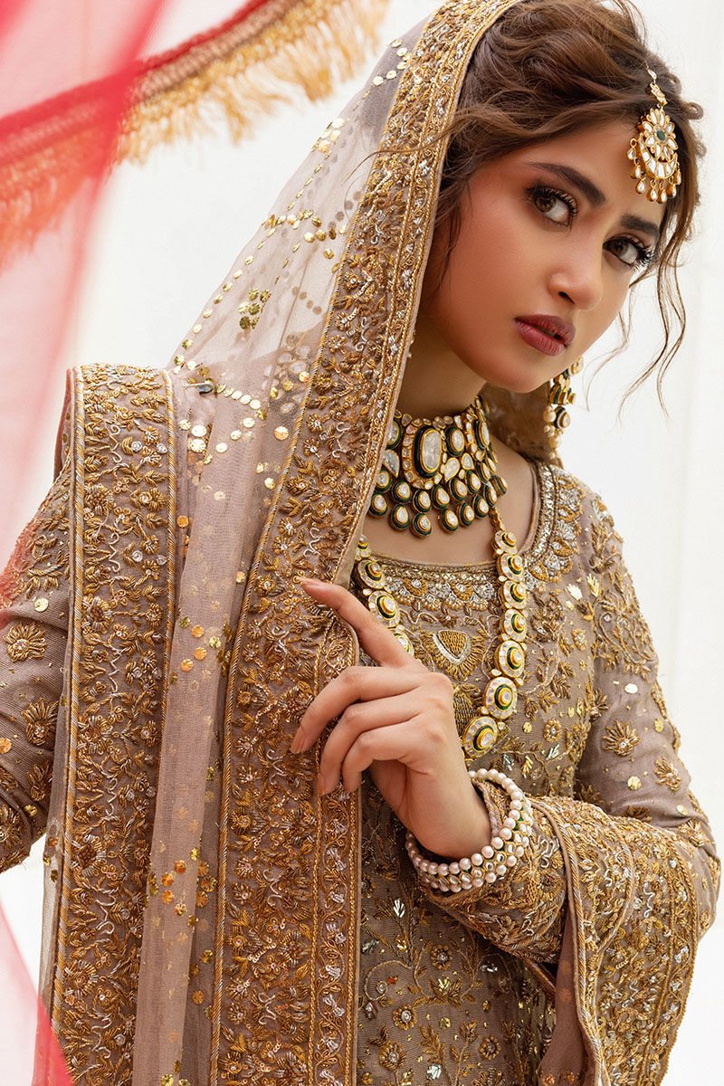 Ash Grey Dabka & Kamdani Net Bridal Gharara (3-Piece) - Image 7