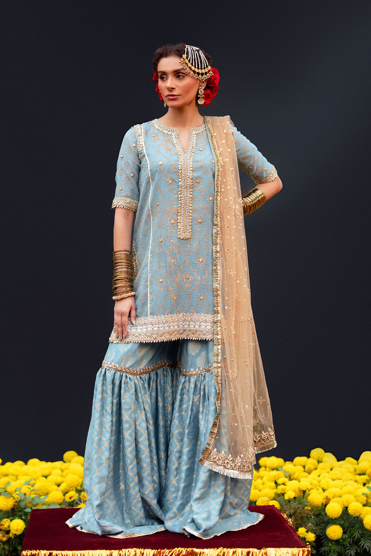 Grey Blue Embroidered Organza Cotton Gharara (2-Piece) - Image 1