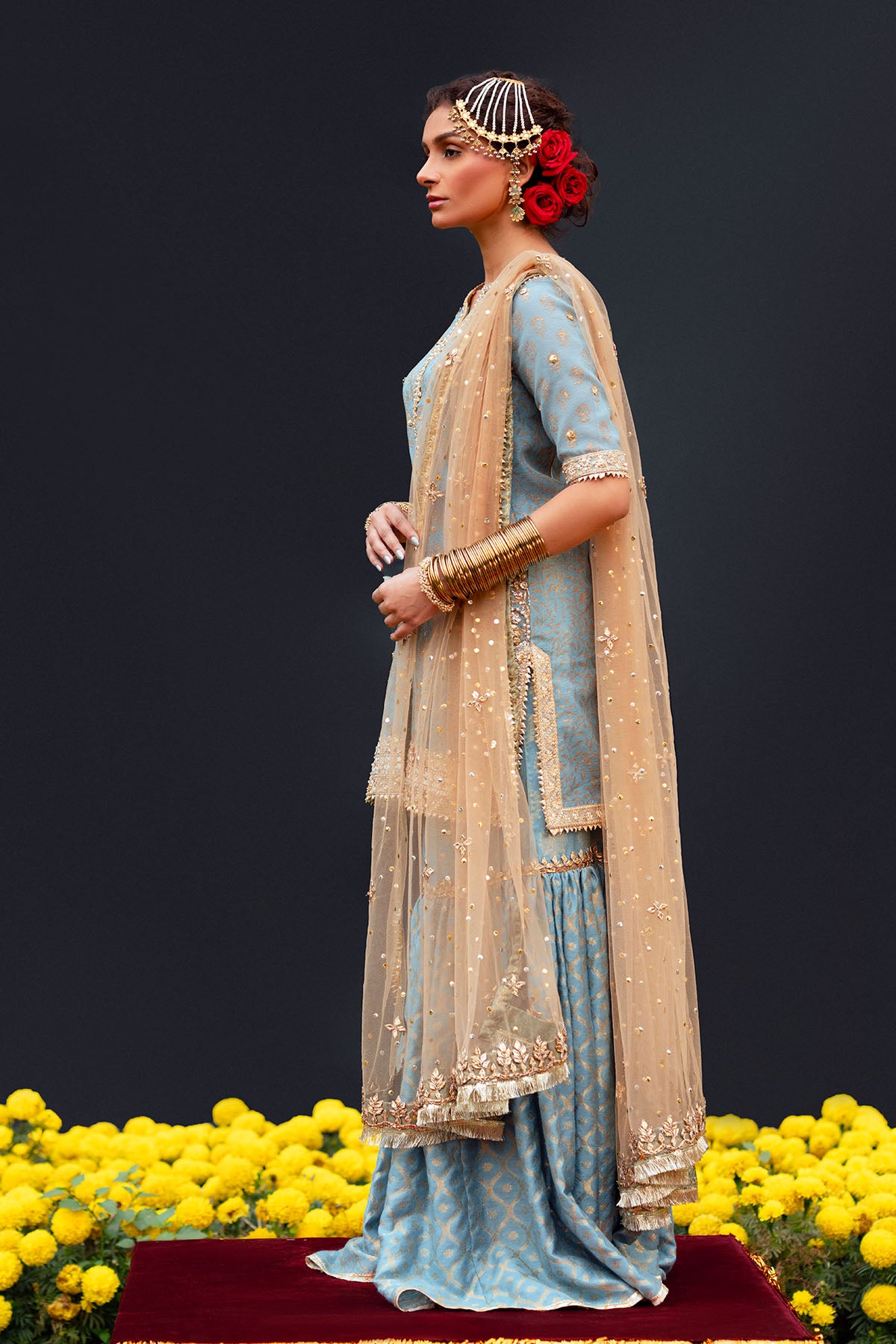 Grey Blue Embroidered Organza Cotton Gharara (2-Piece) - Image 2