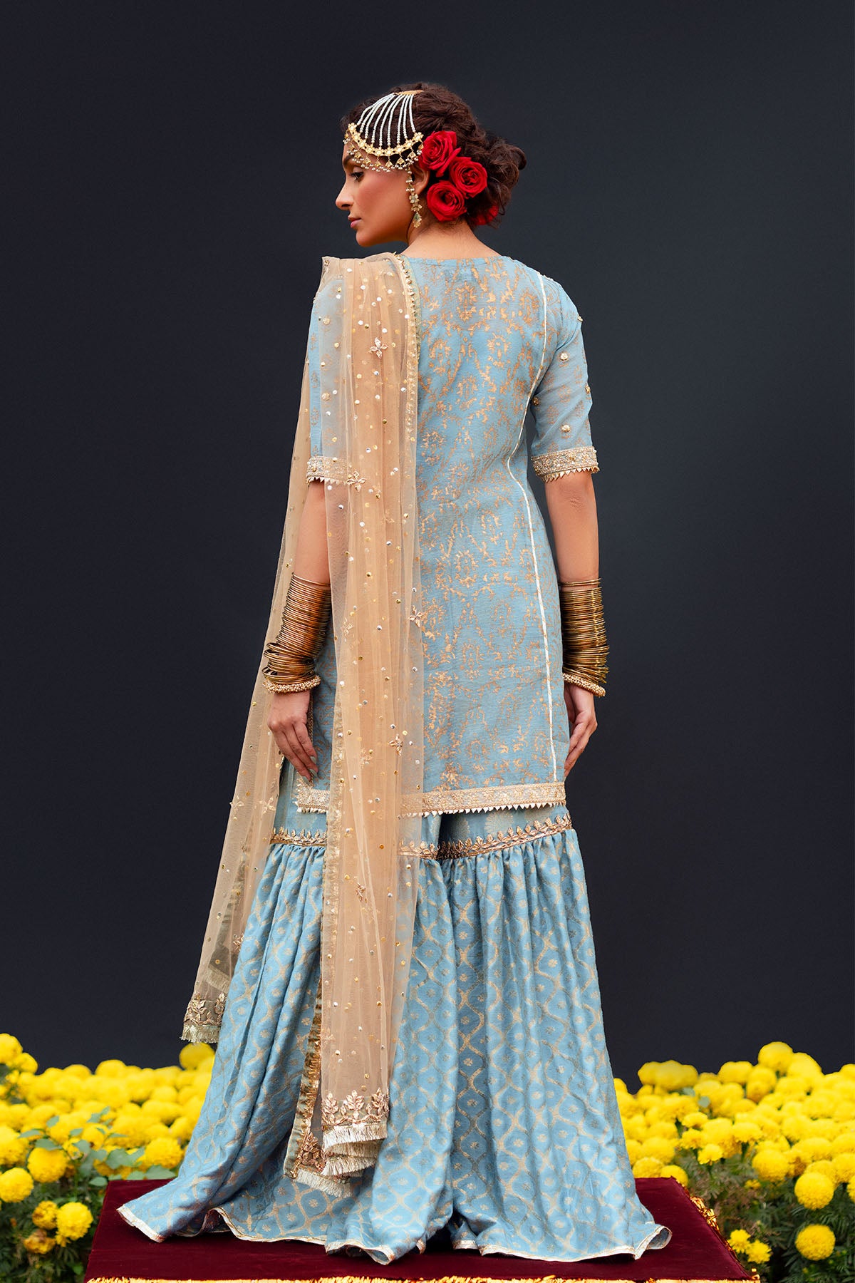 Grey Blue Embroidered Organza Cotton Gharara (2-Piece) - Image 3