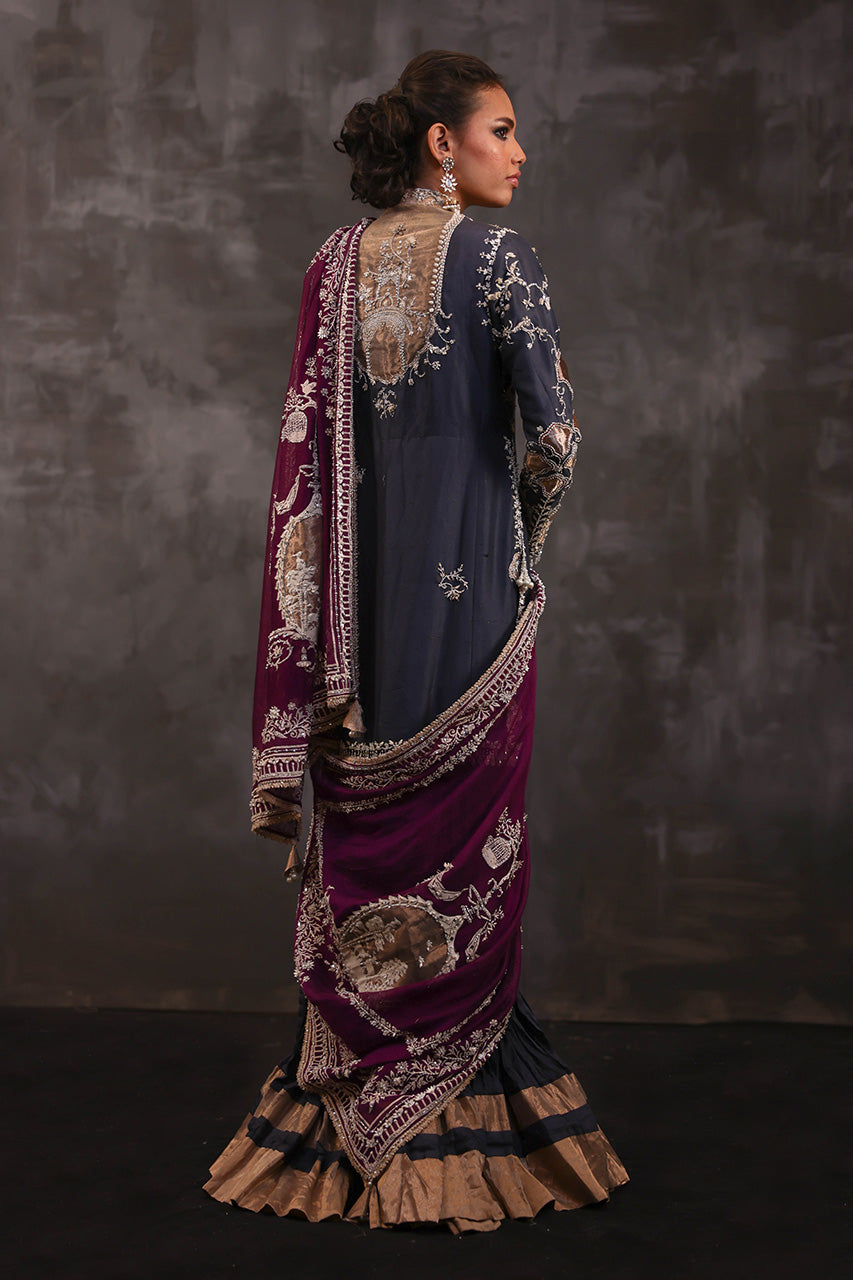 Pakistani Charcoal Grey Embroidered Pure Silk Gharara (3-Piece) - Image 2