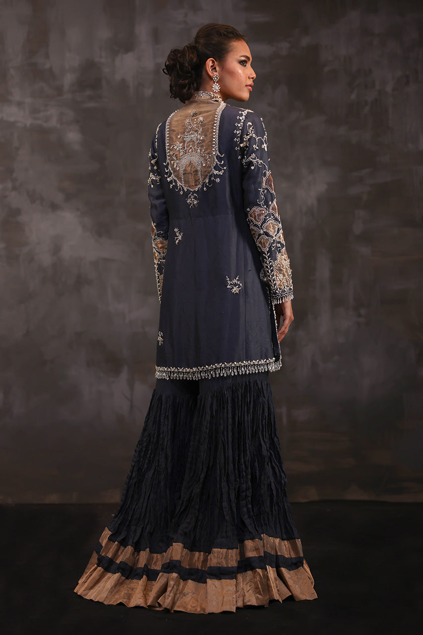Pakistani Charcoal Grey Embroidered Pure Silk Gharara (3-Piece) - Image 6