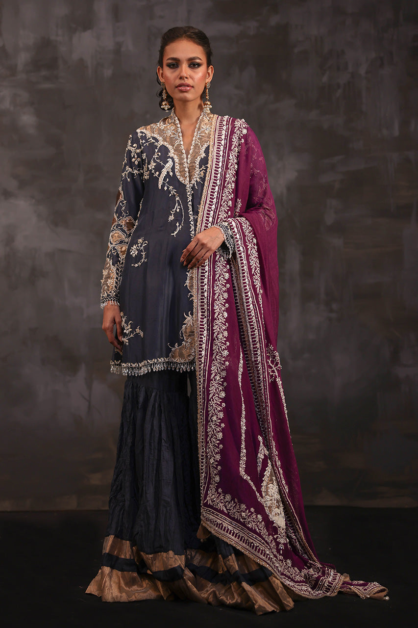 Pakistani Charcoal Grey Embroidered Pure Silk Gharara (3-Piece) - Image 1
