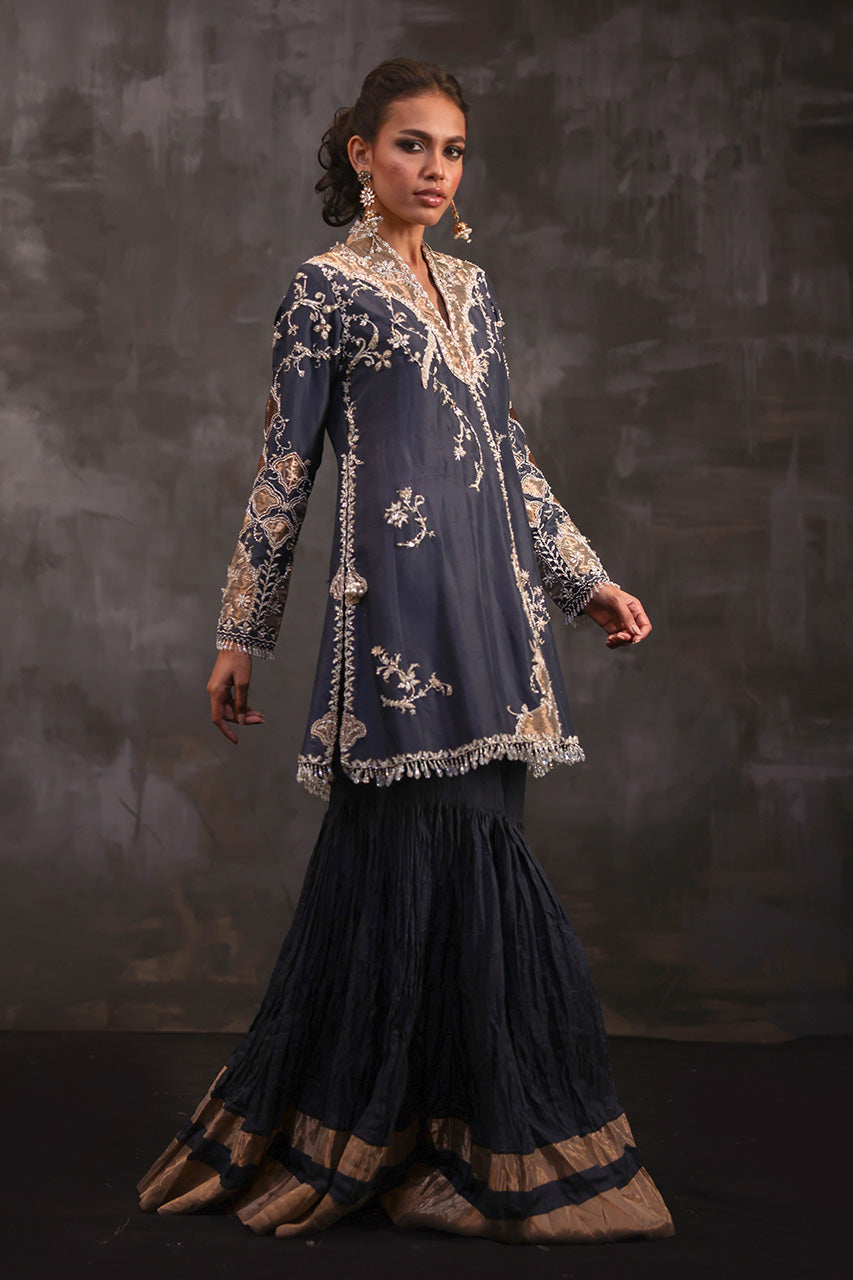 Pakistani Charcoal Grey Embroidered Pure Silk Gharara (3-Piece) - Image 3