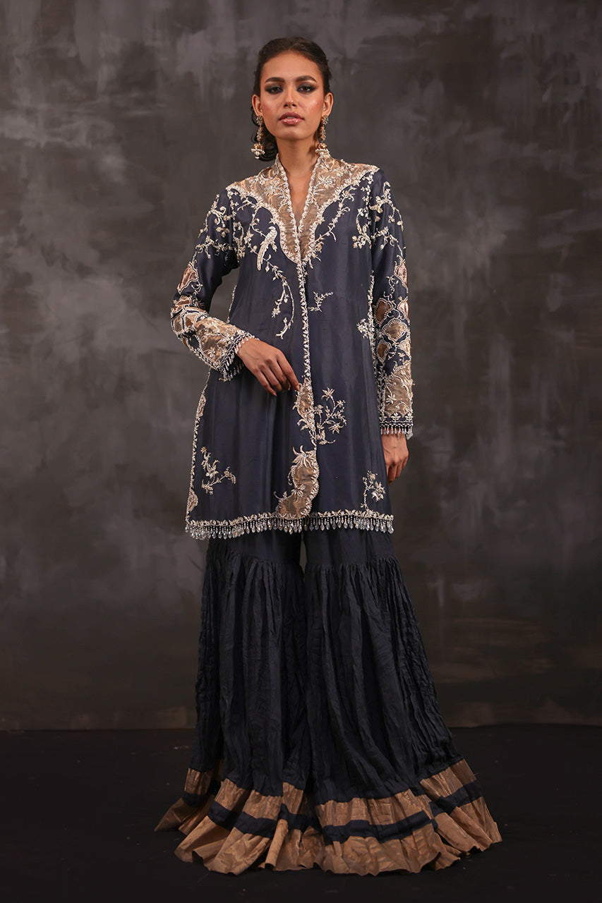 Pakistani Charcoal Grey Embroidered Pure Silk Gharara (3-Piece) - Image 4