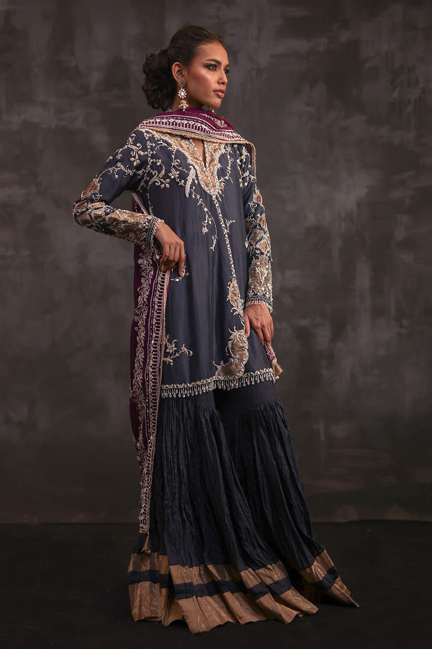 Pakistani Charcoal Grey Embroidered Pure Silk Gharara (3-Piece) - Image 5