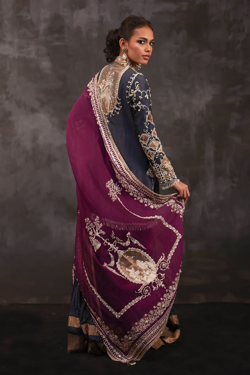 Pakistani Charcoal Grey Embroidered Pure Silk Gharara (3-Piece) - Image 7