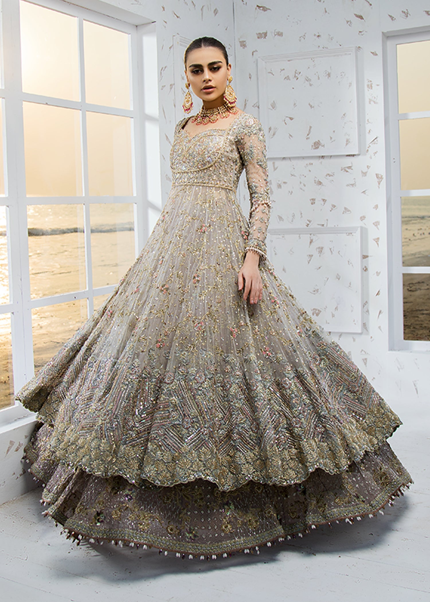 Pakistani Steel Grey Zardozi Net Bridal Gown (3-Piece) - Image 1