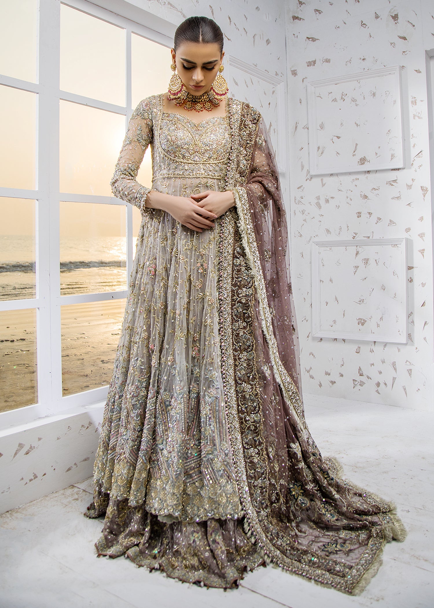 Pakistani Steel Grey Zardozi Net Bridal Gown (3-Piece) - Image 2