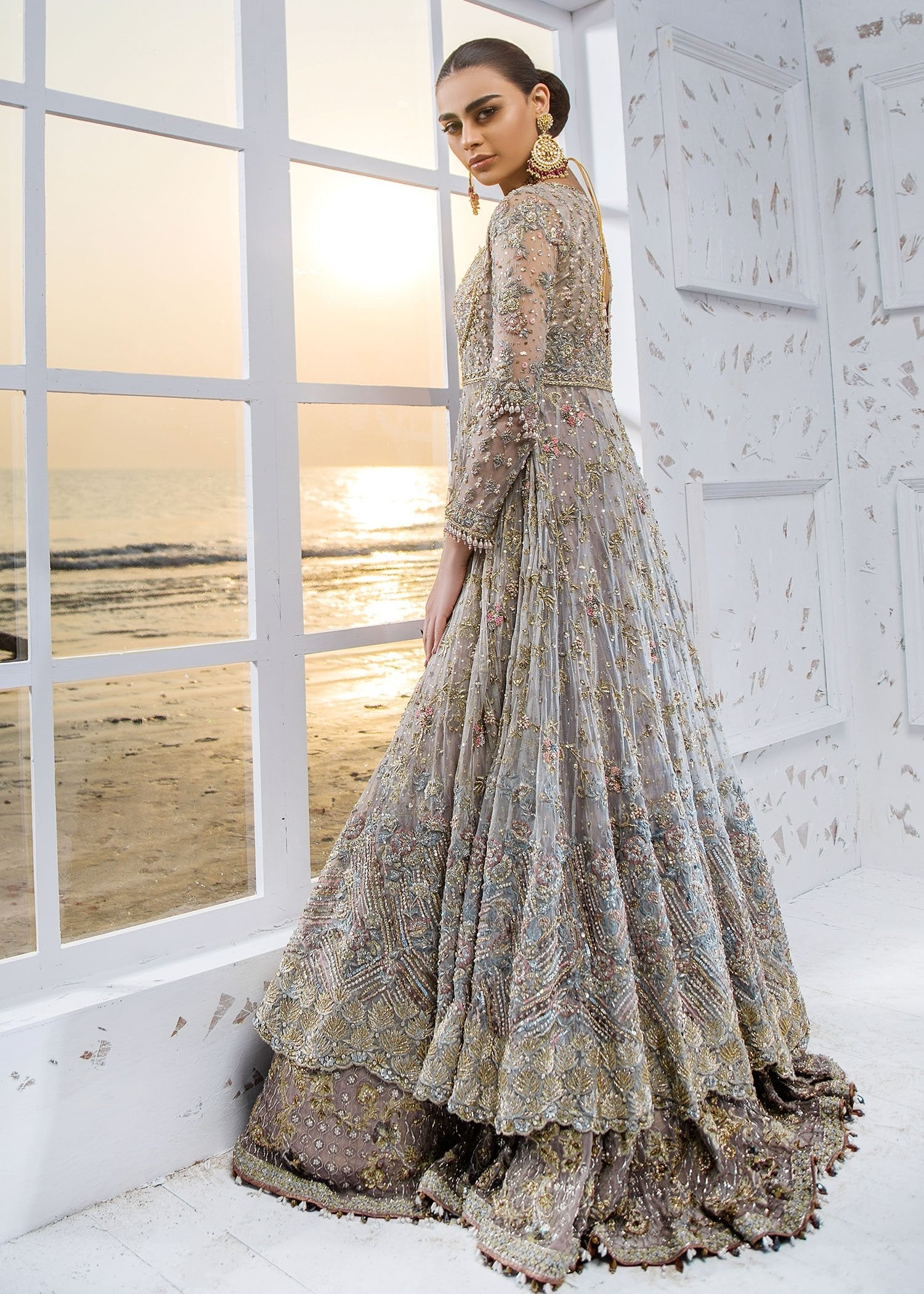 Pakistani Steel Grey Zardozi Net Bridal Gown (3-Piece) - Image 3