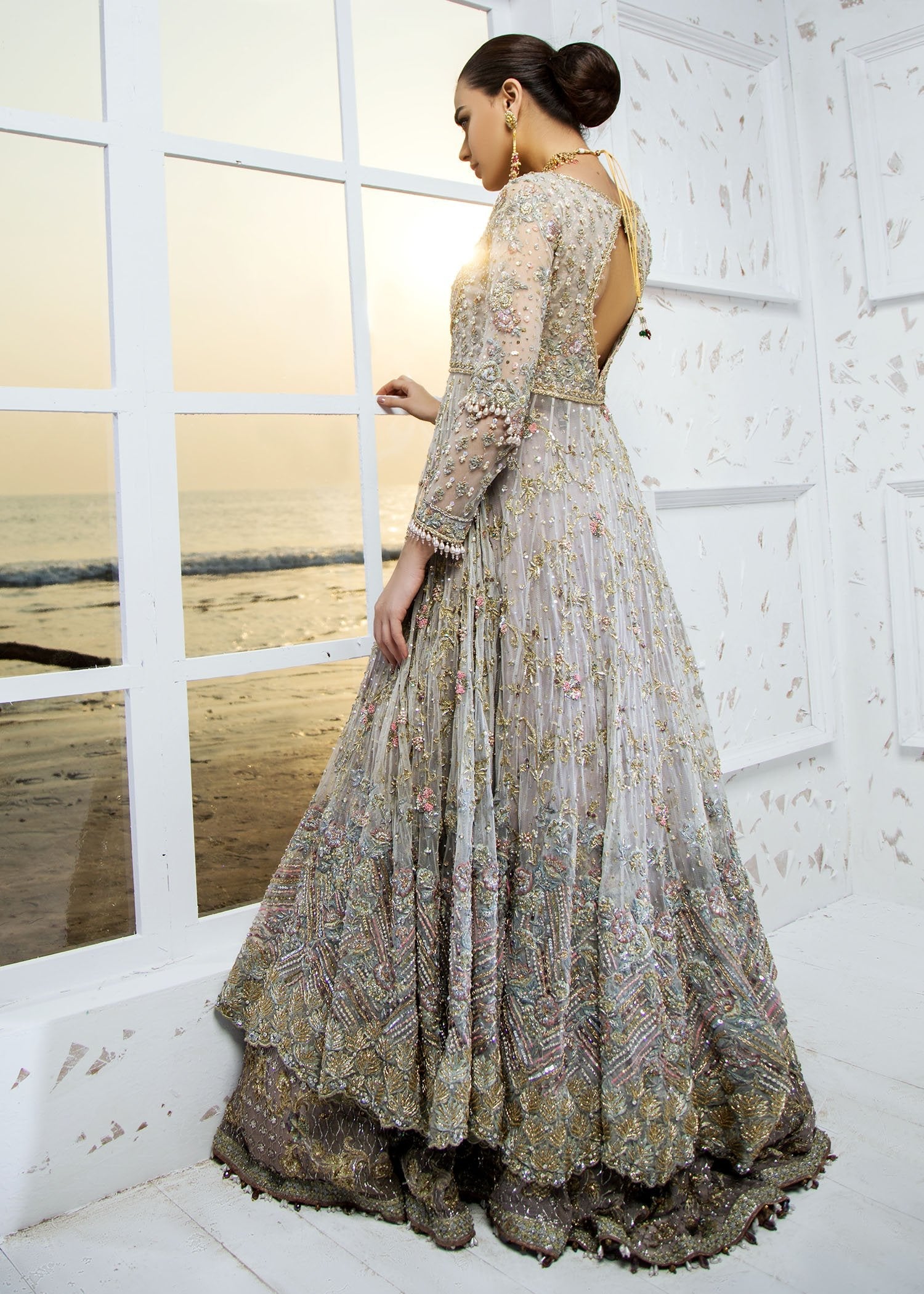 Pakistani Steel Grey Zardozi Net Bridal Gown (3-Piece) - Image 4