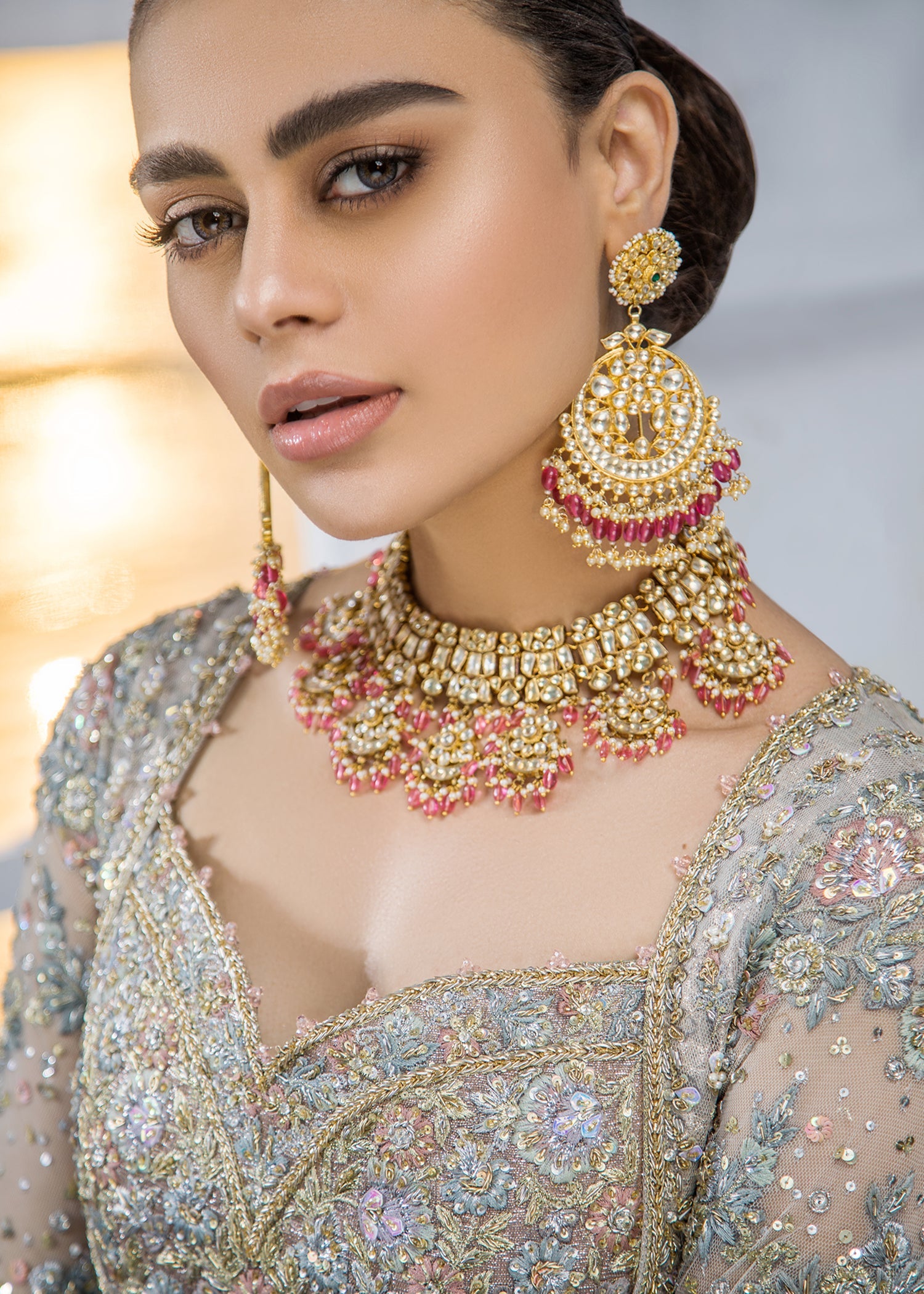 Pakistani Steel Grey Zardozi Net Bridal Gown (3-Piece) - Image 5