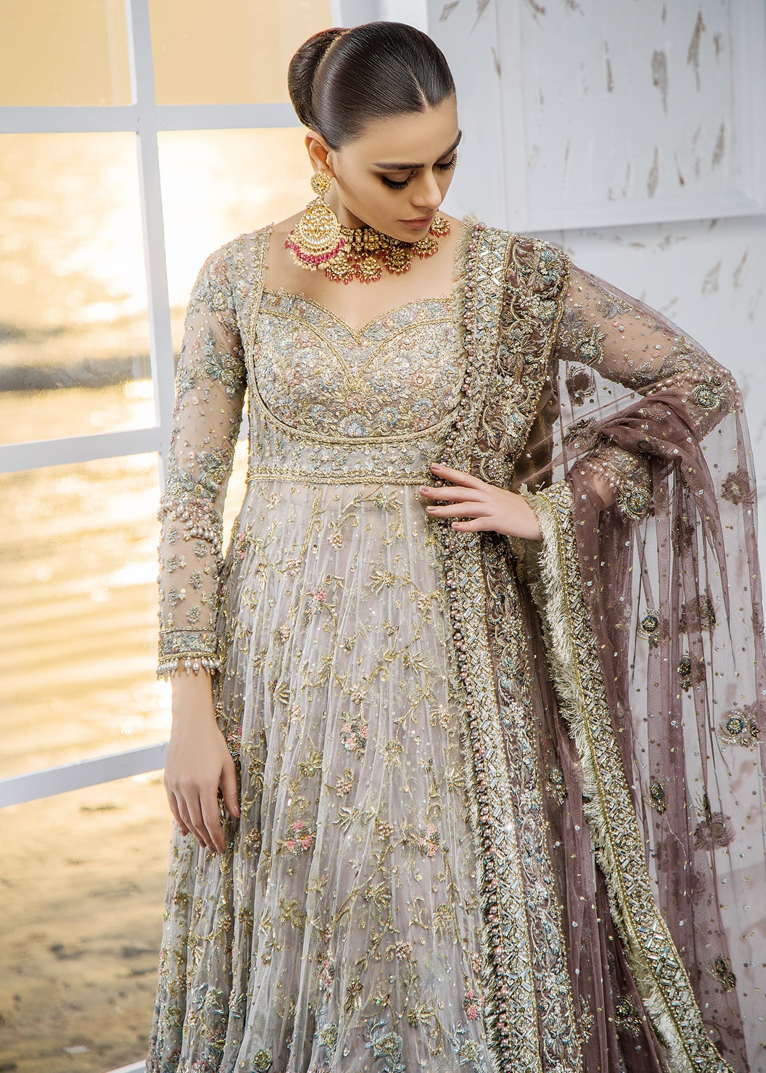 Pakistani Steel Grey Zardozi Net Bridal Gown (3-Piece) - Image 6