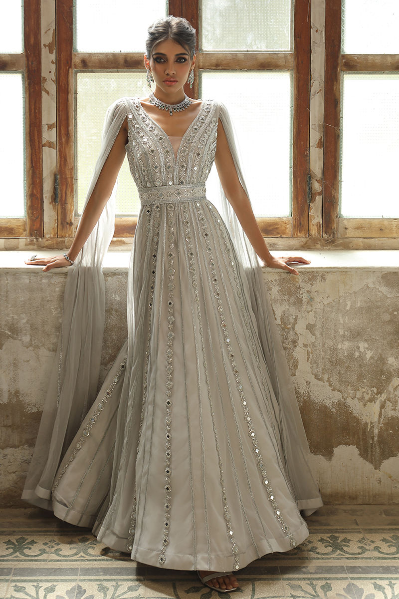 Cloud Grey Swarovski French Net Gown (2-Piece) - Image 1