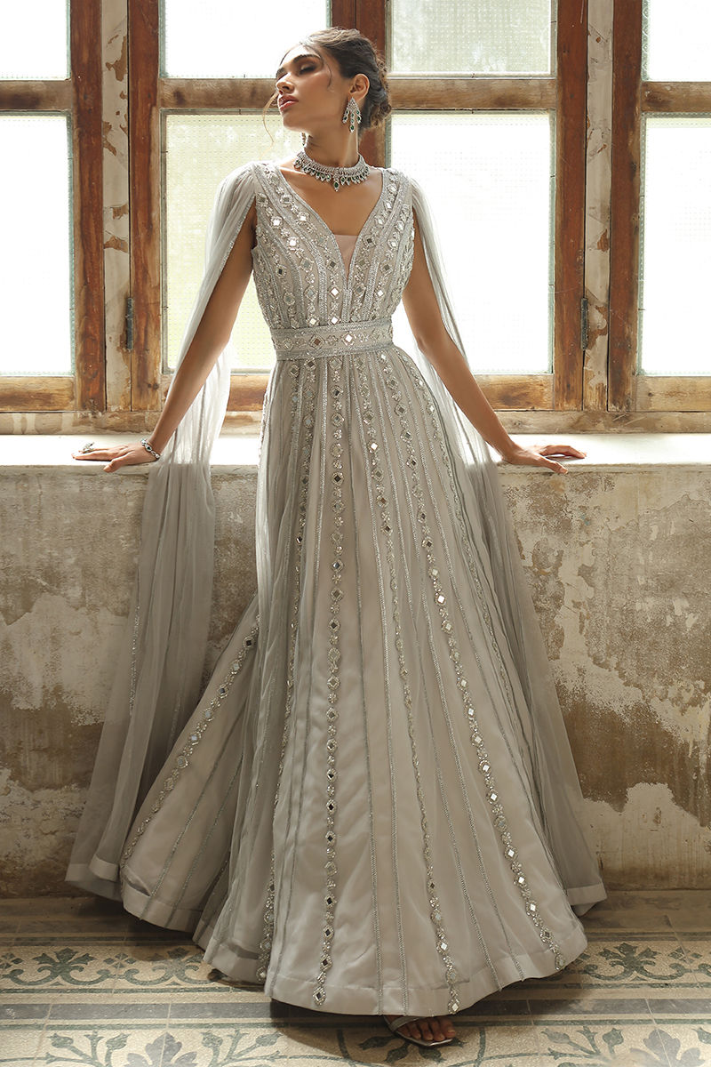 Cloud Grey Swarovski French Net Gown (2-Piece) - Image 2