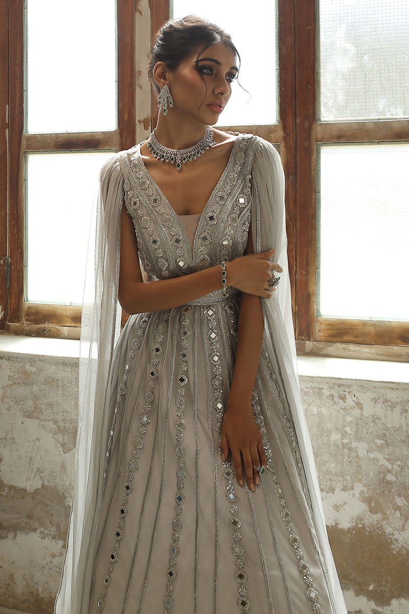Cloud Grey Swarovski French Net Gown (2-Piece) - Image 3