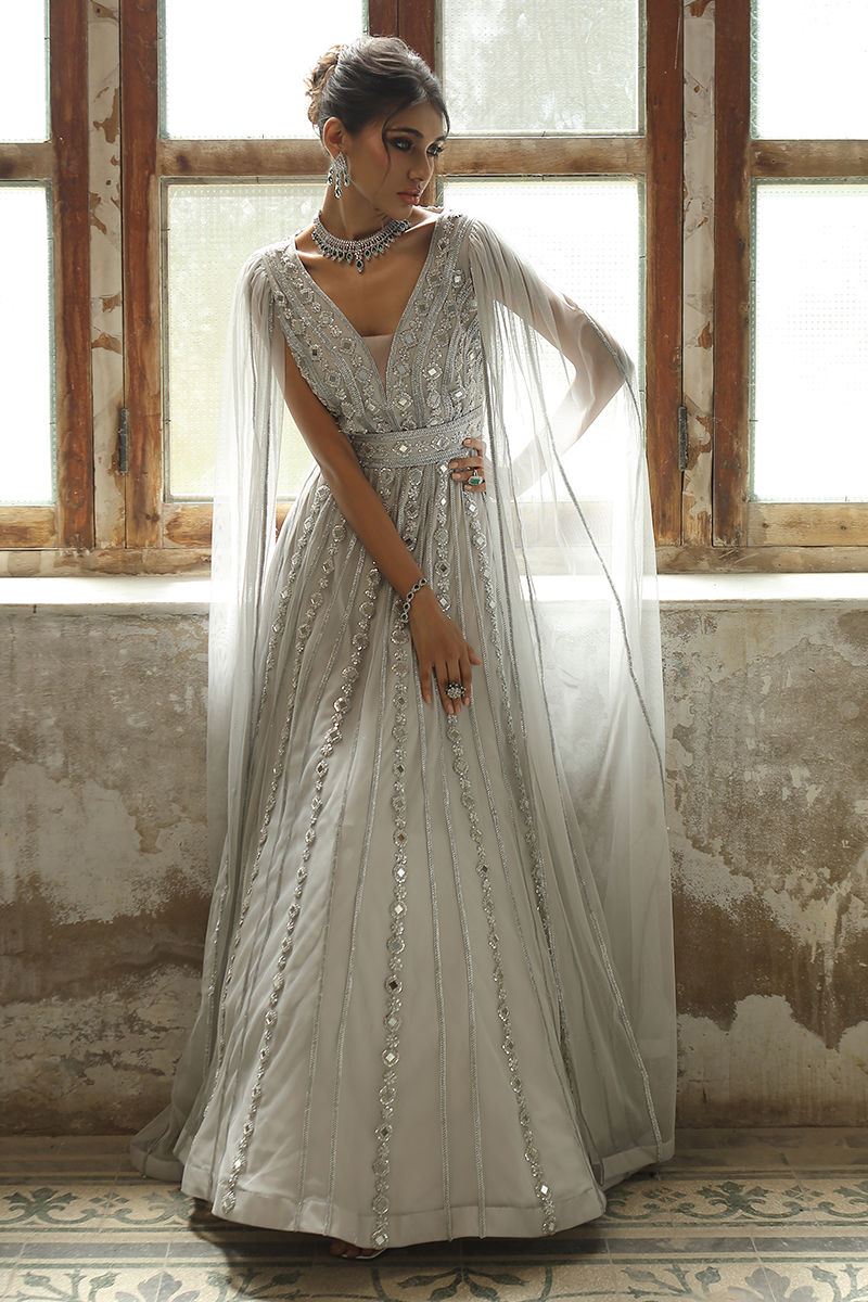 Cloud Grey Swarovski French Net Gown (2-Piece) - Image 4