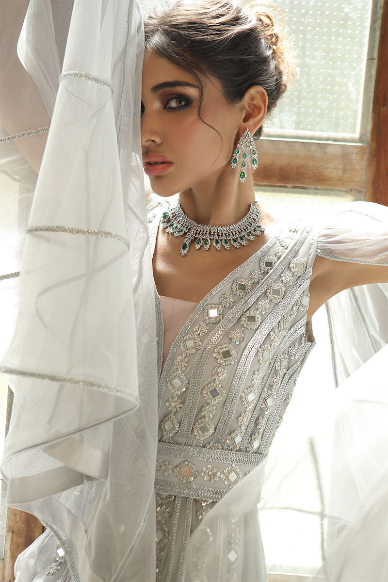 Cloud Grey Swarovski French Net Gown (2-Piece) - Image 5