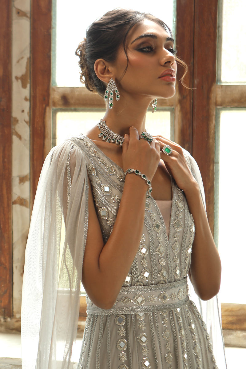 Cloud Grey Swarovski French Net Gown (2-Piece) - Image 7