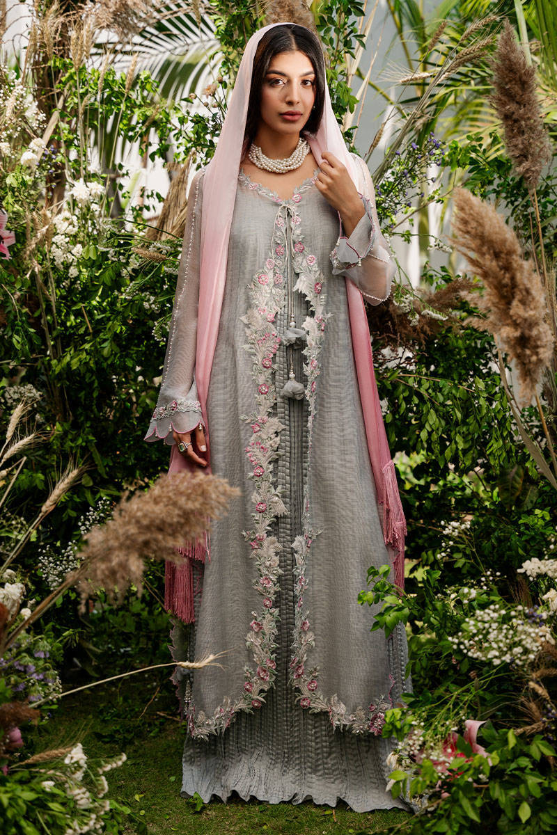 Ash Grey Embroidered Khaddi Net Gown (3-Piece) - Image 1