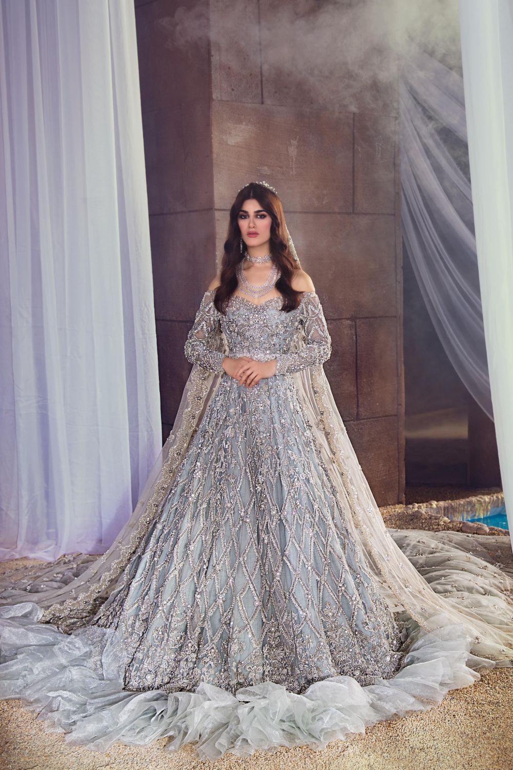 Pakistani Grey Embellished Net & Silk Bridal Gown (2-Piece) - Image 3