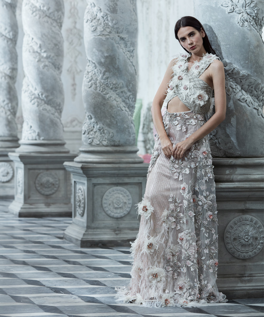 Pakistani Soft Grey 3D Floral Net Gown (1-Pc) - Image 1