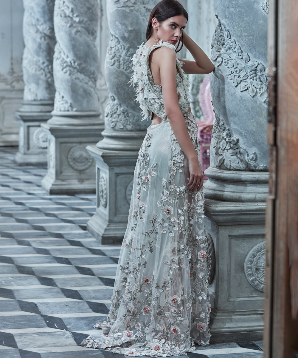 Pakistani Soft Grey 3D Floral Net Gown (1-Pc) - Image 2