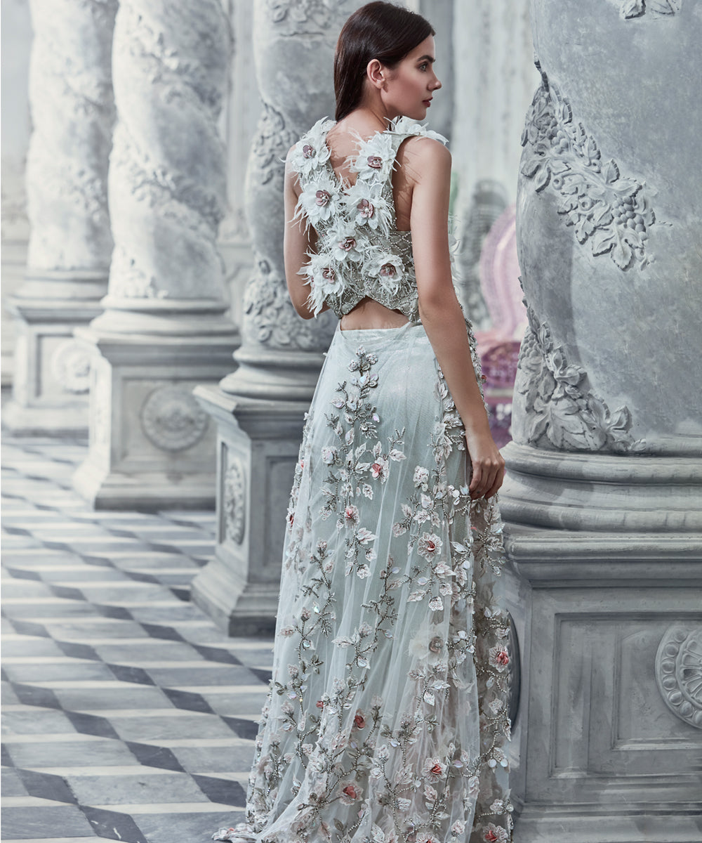 Pakistani Soft Grey 3D Floral Net Gown (1-Pc) - Image 3