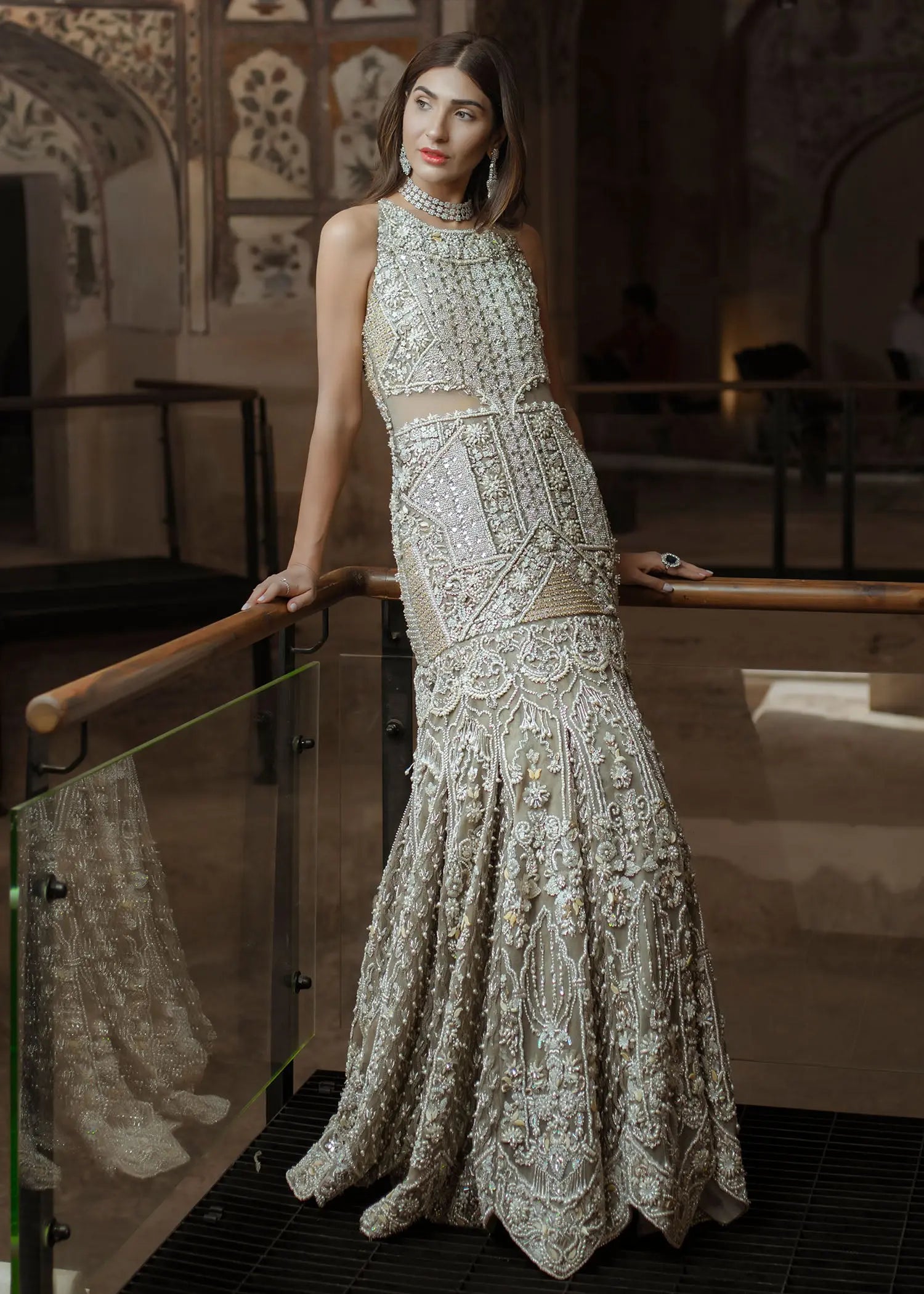 Pakistani Grey 3D Floral Net Fishtail Bridal Gown (1-Pc) - Image 1