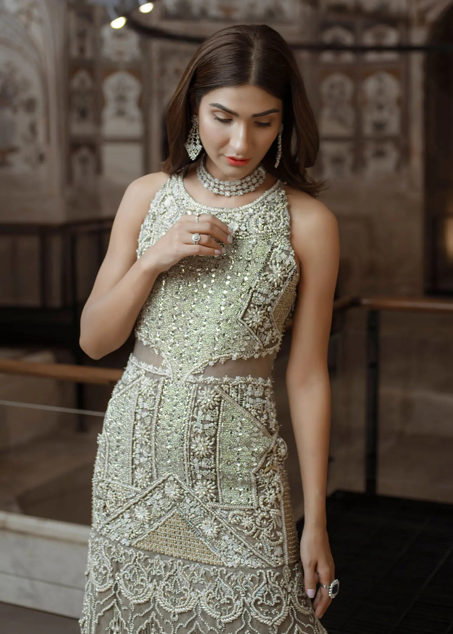 Pakistani Grey 3D Floral Net Fishtail Bridal Gown (1-Pc) - Image 10