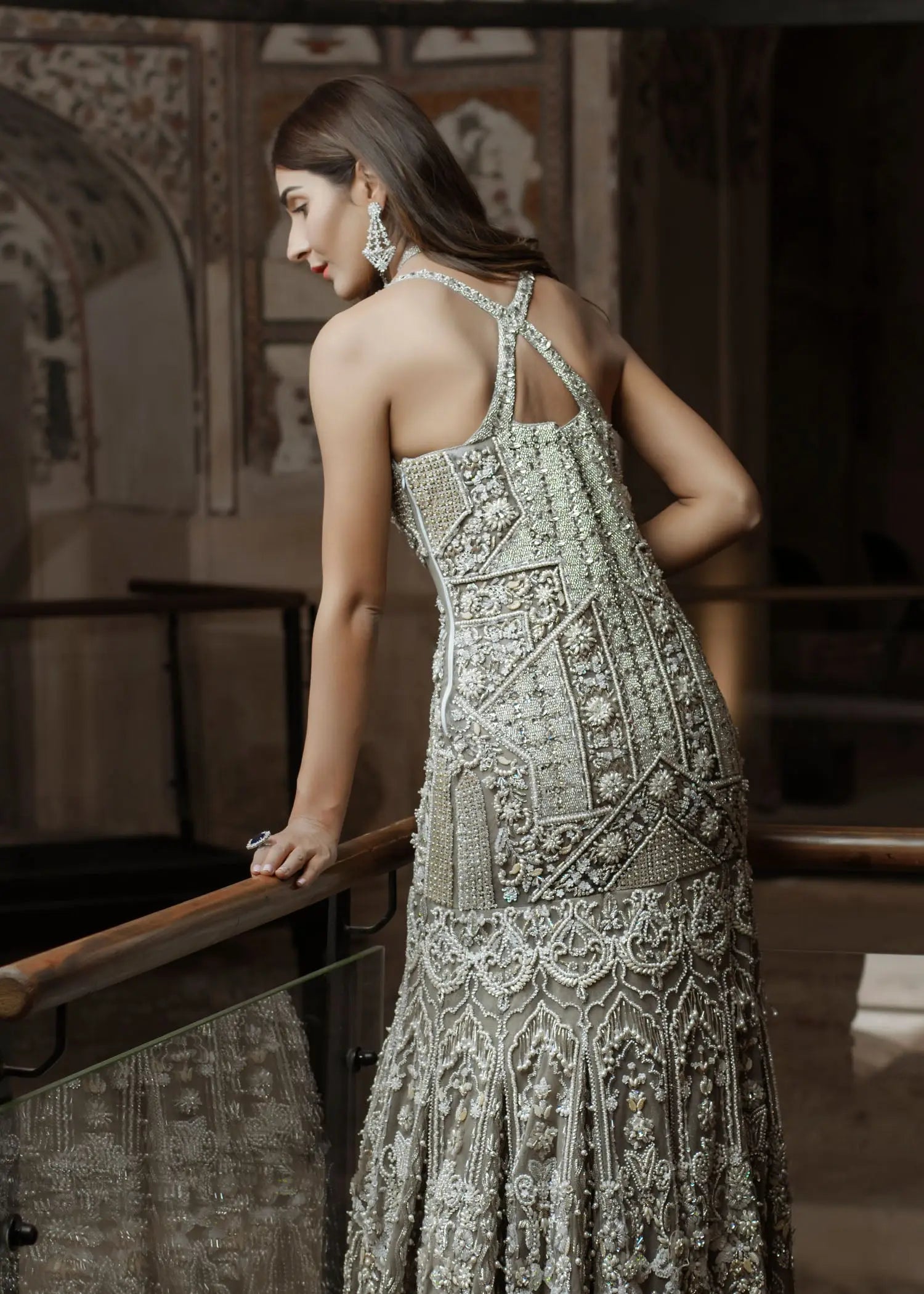 Pakistani Grey 3D Floral Net Fishtail Bridal Gown (1-Pc) - Image 5